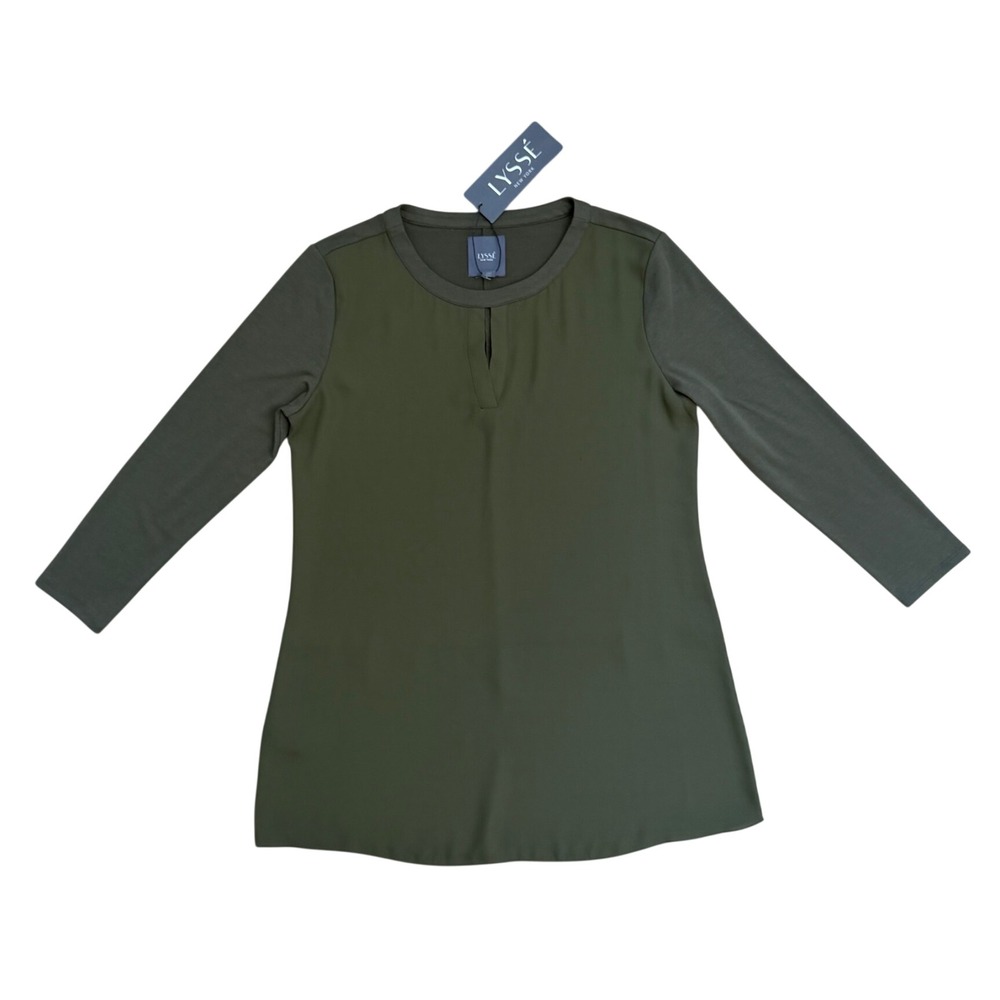 Lysse Windsor Top Olive Green Mixed Media Keyhole Tunic Blouse S‎ NEW minimalist